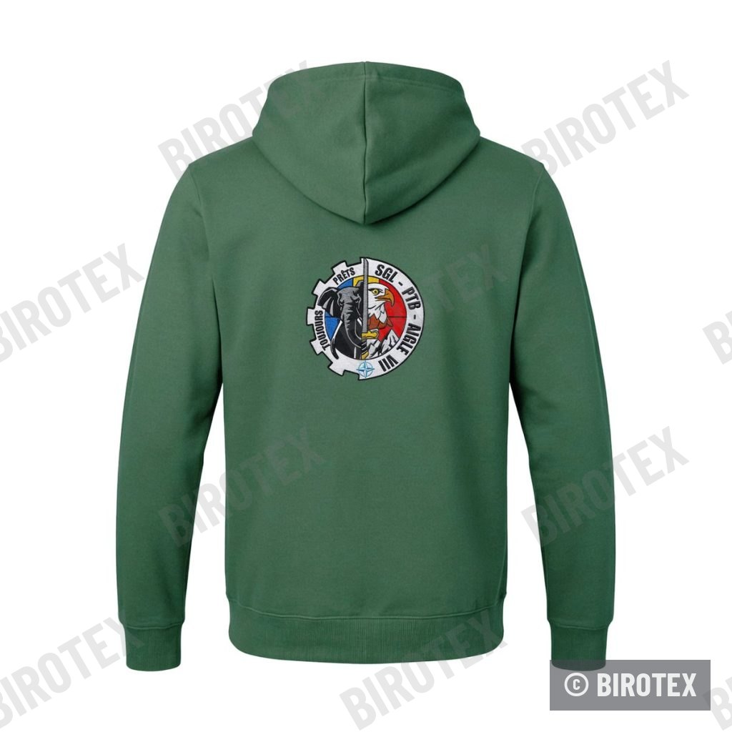 Green hoodie, SGL-PTB patch embroidered on the back