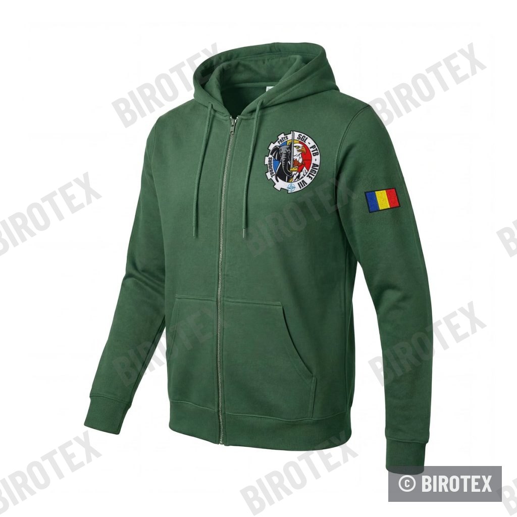 Green zip hoodie, SGL-PTB patch and Romanian flag