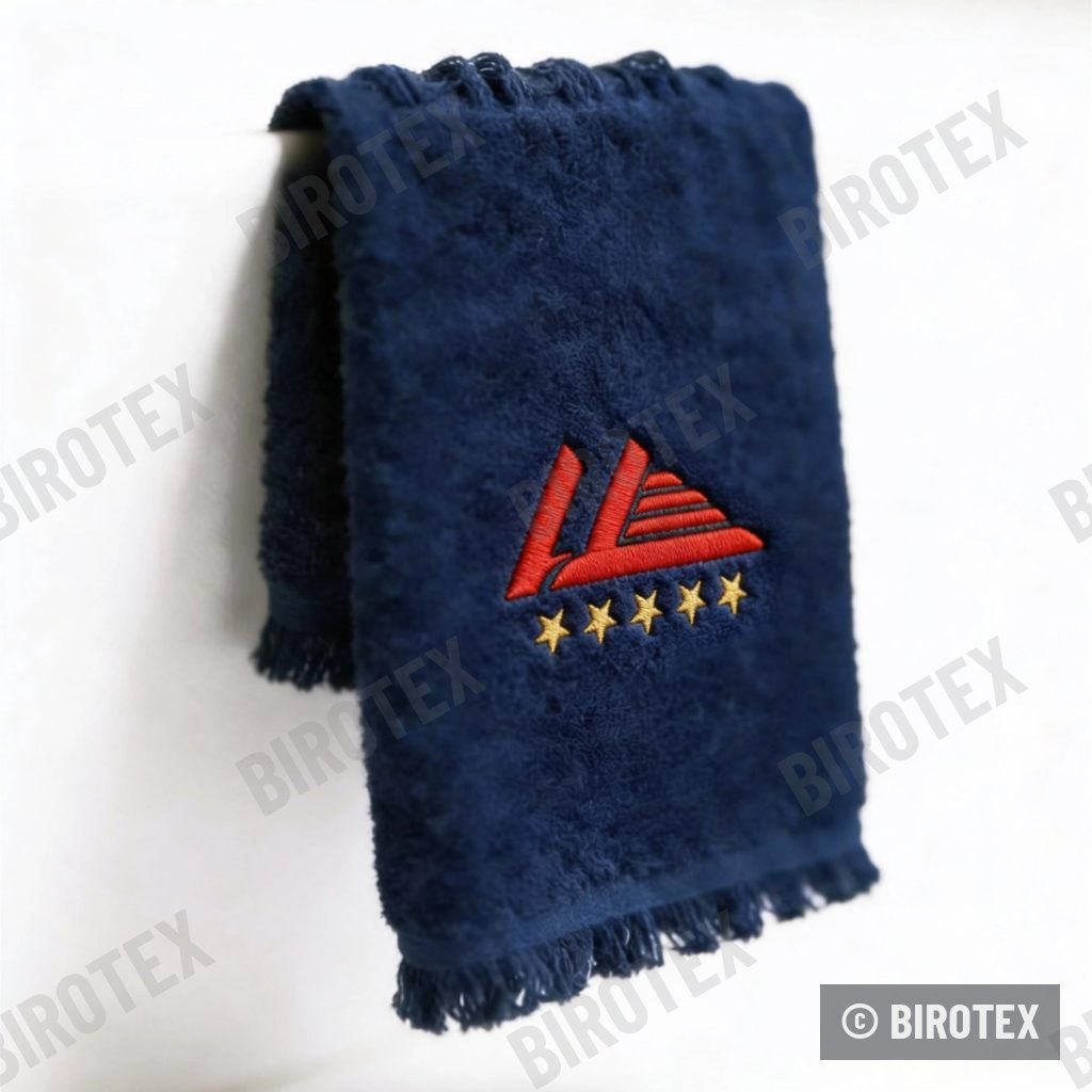 Toalla azul marino bordada, logo y estrellas